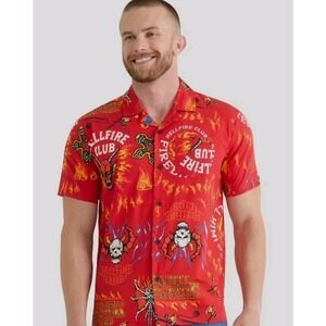 Netflix Stranger Things Men's XXL‎ Hellfire Club Red Graphic Cotton Button Shirt